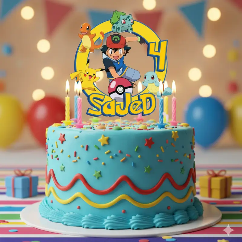 Topper d’anniversaire Pokémon personnalisé – Prénom & Âge